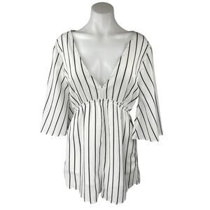 FAVLUX White Black Striped Half Bell Sleeve Deep V Neck Romper Shorts Size M